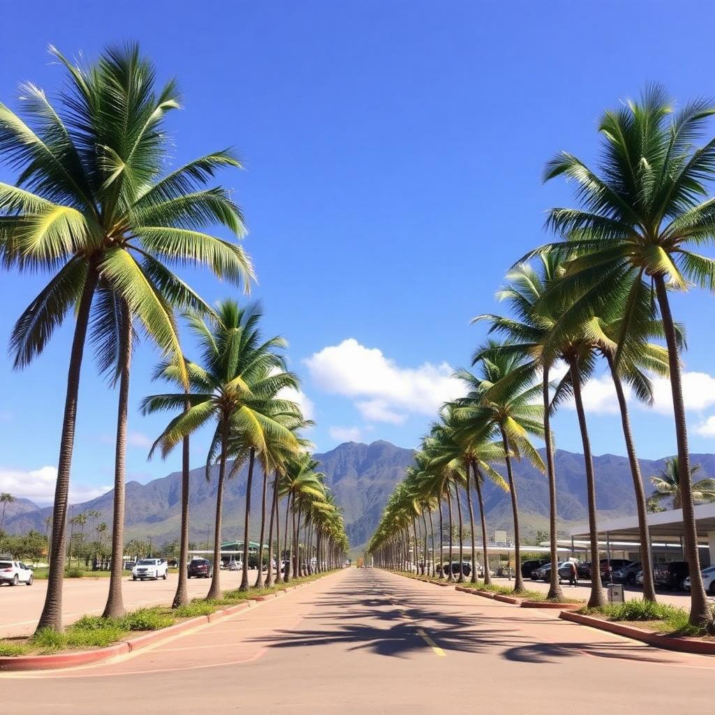 Palm-lined roadway at Kahului Airport on Maui