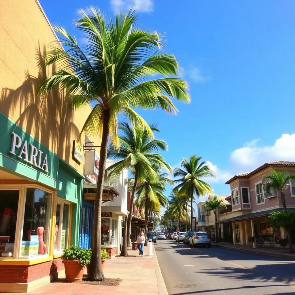 Colorful storefronts on a West Maui town street