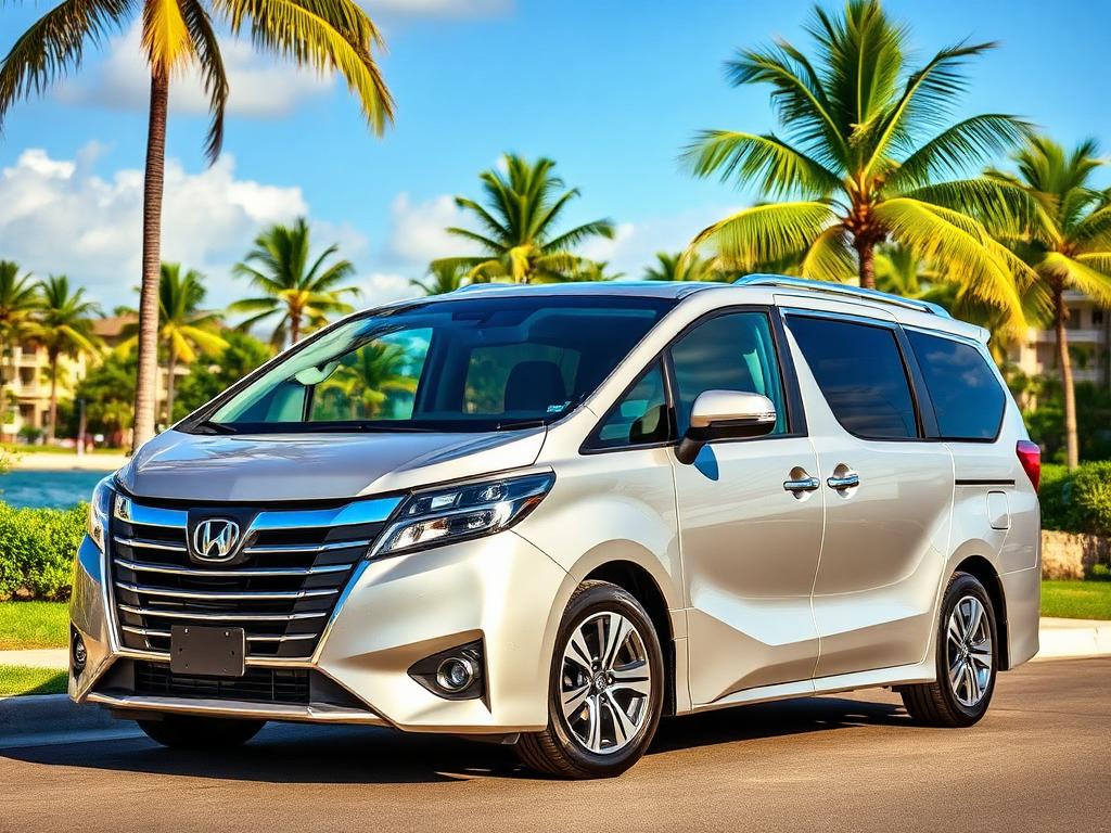Silver minivan parked near a Hawaiian beach resort